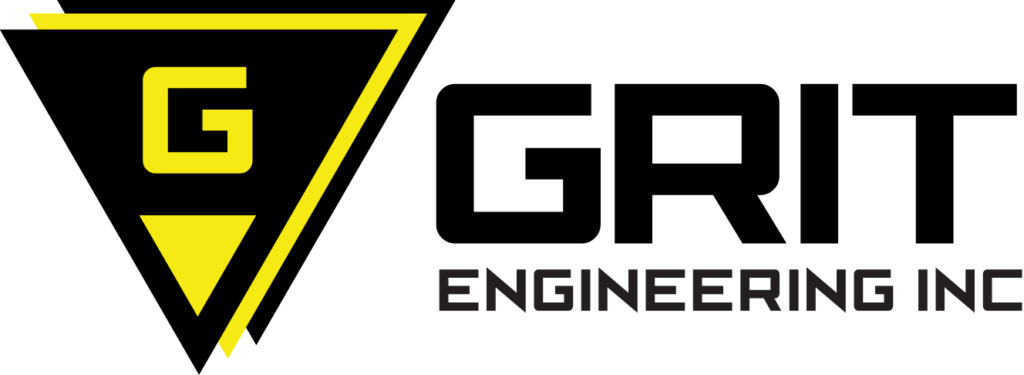 A stack of black and yellow triangles with a yellow G inside it. The words Grit Engineering Inc. to the right.